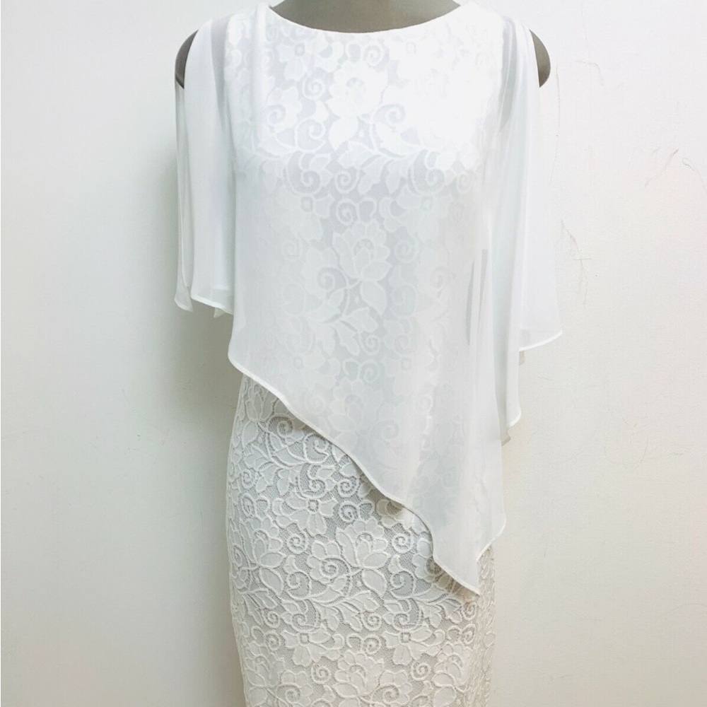 Scarlett white lace sleeveless dress w/attached sheer white chiffon cape.  NWOT. - Picture 4 of 12